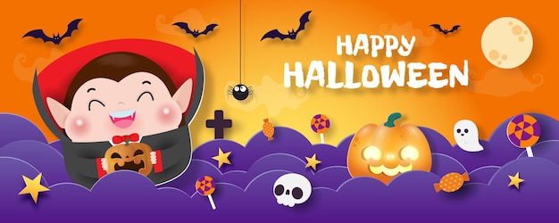 Happy Halloween Trick Or Treat Banner W Stylu Cięcia Papieru Dracula Vampire Zabawa W Tle Zabawa