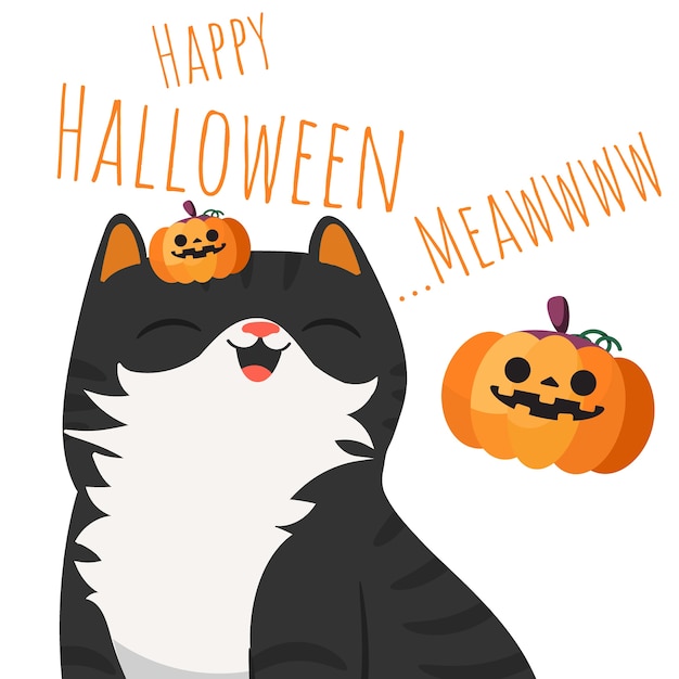 Happy Halloween Uśmiechnięty Czarny Kot Z Dyni.