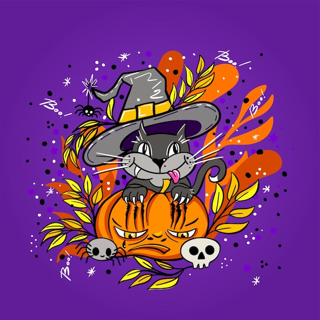 Plik wektorowy happy halloween wektor napis i wesoła ilustracja. świąteczny baner z kaligrafią. zaproszenia na przyjęcia. ilustracja wektorowa.