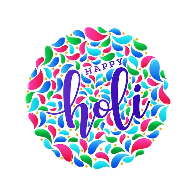 Happy Holi Font zaokrąglone kolorowe krople łuku i złote kropki na białym tle