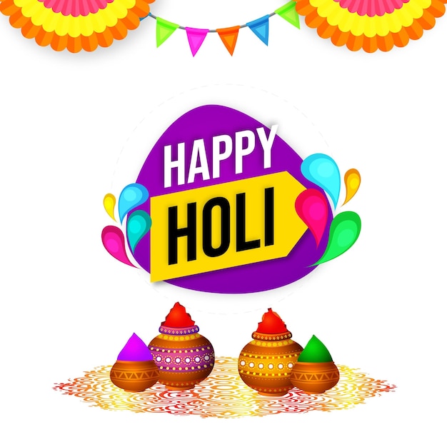 Happy Holi Pozdrowienia Biały Żółty Fioletowy Kolorowy Indyjski Hinduizm Festiwal Social Media Tło