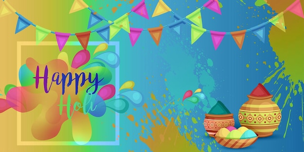 Happy Holi Pozdrowienia Niebieski Żółty Kolorowy Indyjski Hinduizm Festiwal Media Społecznościowe Tło