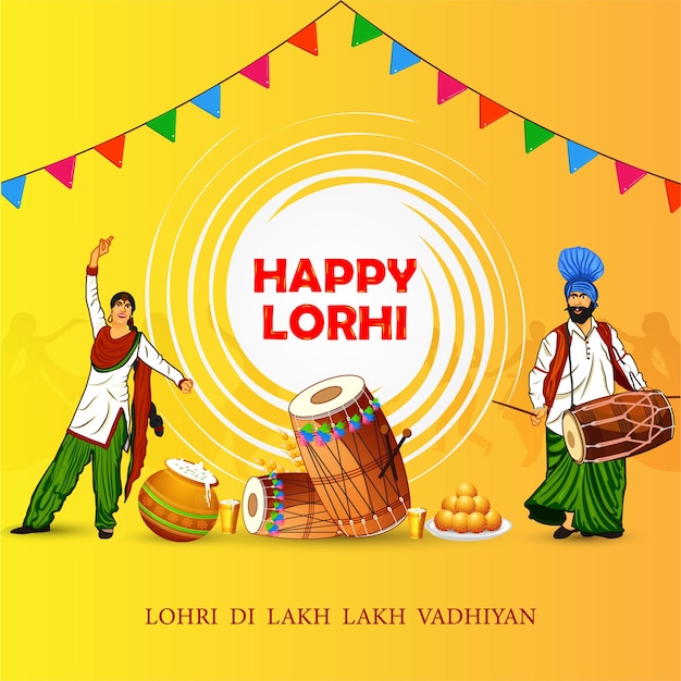 Happy Lohri Indian Festival Celebration Tło Z Punjabi Para Taniec