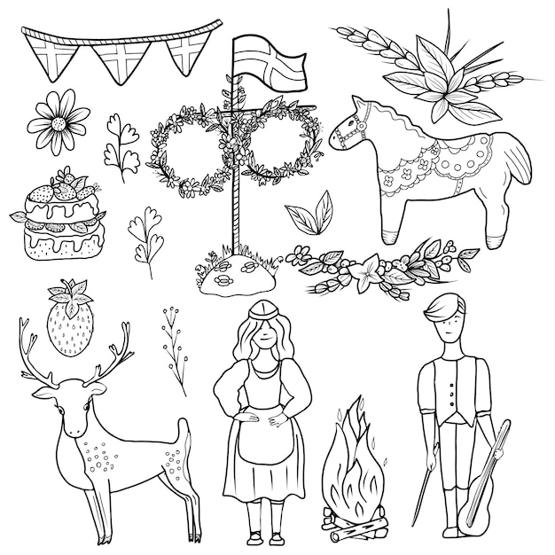 Happy Midsummer wektor zestaw kreskówka szwedzkie tradycyjne ubrane postacie koń jeleń drewniany słup majowy girlanda kwiatowa ciasto szwecja flaga szablon dla szwecji najdłuższy letni dzień wakacje transparent
