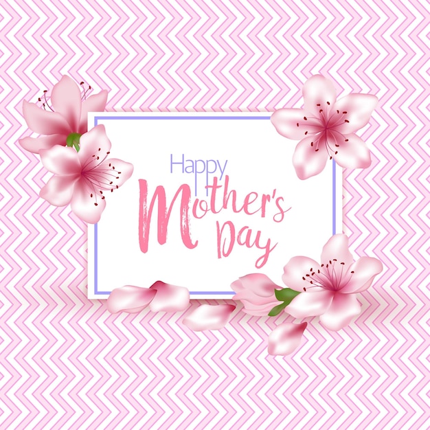 Happy Mothers Day Vector Card Japoński Kwiat Wiśni Różowe Kwiaty Sakura Rama śliczna Kartka Z życzeniami