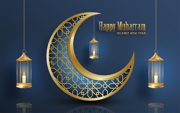 Happy Muharram Islamski Nowy Rok Nowy Rok Hidżry Projekt Ze Złotym Wzorem Na Kolorowym Tle
