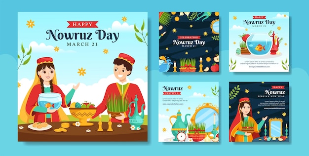 Happy Nowruz Day Social Media Post Płaska Kreskówka Ręcznie Rysowane Szablony Tła Ilustracji