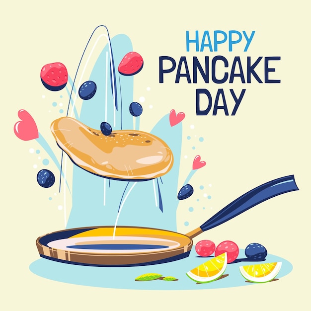 Plik wektorowy happy pancake day lub shrove tuesday concept z obracającym się naleśnikiem na patelni