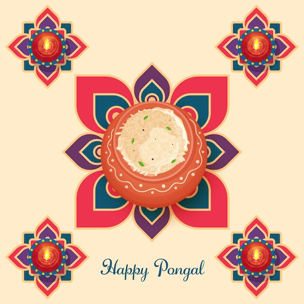 Happy Pongal Celebration Kartkę Z życzeniami Z Widokiem Z Góry Ryżu Pongali W Glinianym Garnku I Oświetlonych Lamp Naftowych Diya Na Beżowym Tle Rangoli