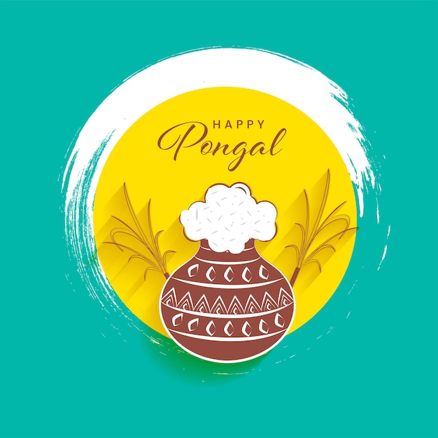 Happy Pongal Concept Z Błotem Garnkiem Pełnym Tradycyjnych Dań (ryż), Trzciny Cukrowej, Efekt Białego Pędzla Na żółtym I Turkusowym Tle.