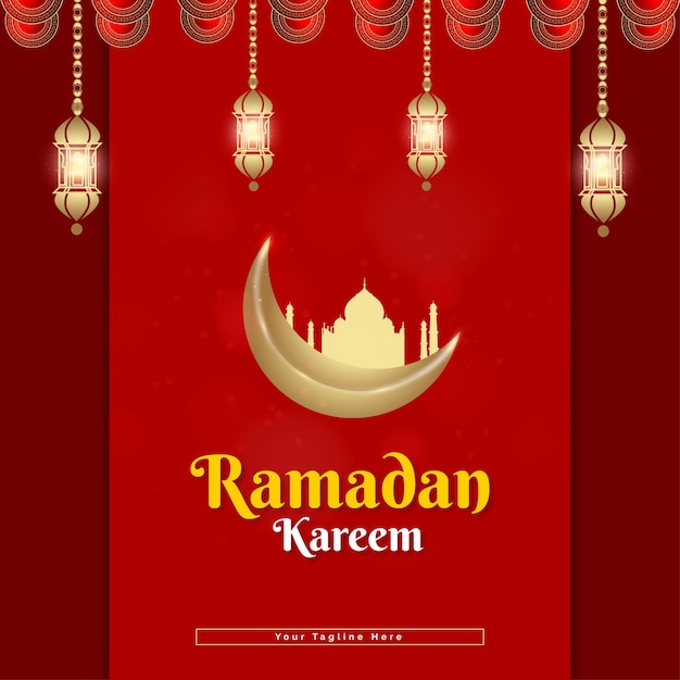 Happy Ramadan Kareem Czerwone Tło Po Nowym Projekcie Z Lampami I Księżycem