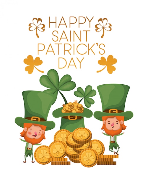 Happy Saint Patricks Day Label Z Charakterem Leprechauns