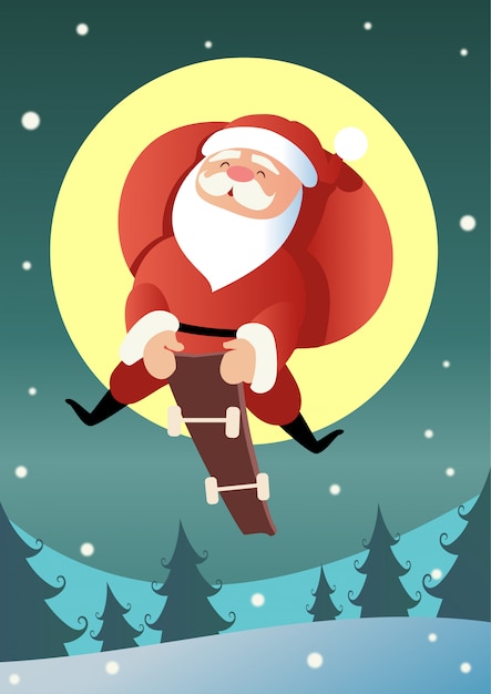 Happy Santa Claus Jeździć Deskorolka Z Workiem Pełnym Snowy Krajobraz Przedstawia
