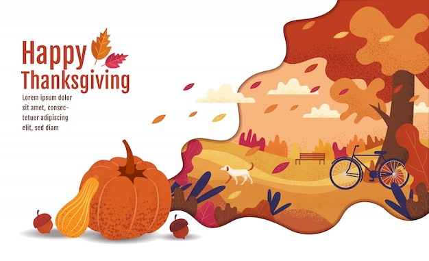 Happy Thanksgiving, Autumn., Drawing, Cartoon, Landscape Painting Style.