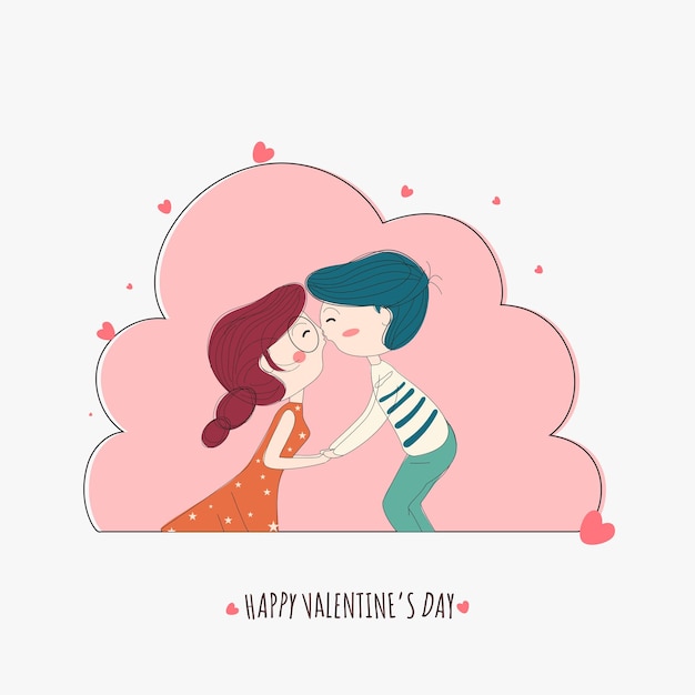 Happy Valentine's Day Czcionka Z Młoda Para Całuje Na Różowym I Białym Tle.