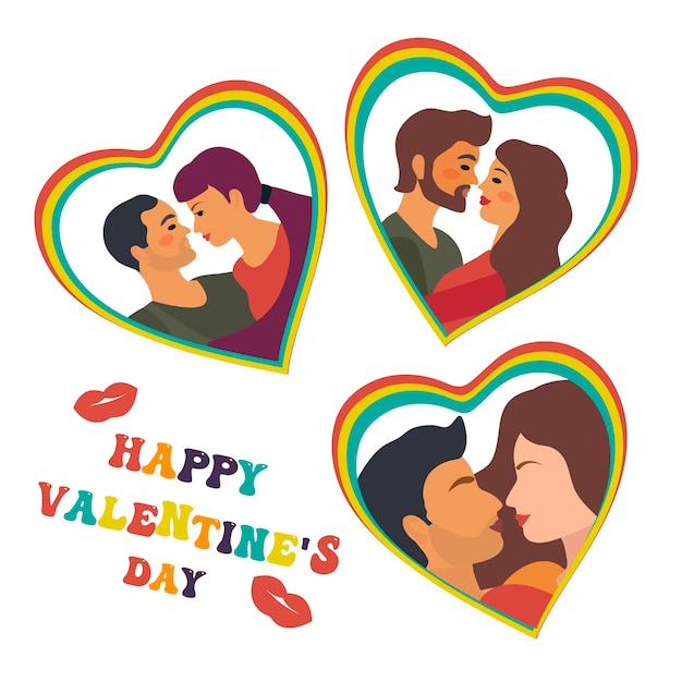 Happy Valentine's Day Retro 70s Plakat Zestaw Całuje Zakochaną Parę. światowy Dzień Pocałunku. Streszczenie Nowoczesny Hippie Ilustracja Miłości. Ilustracja Wektorowa.