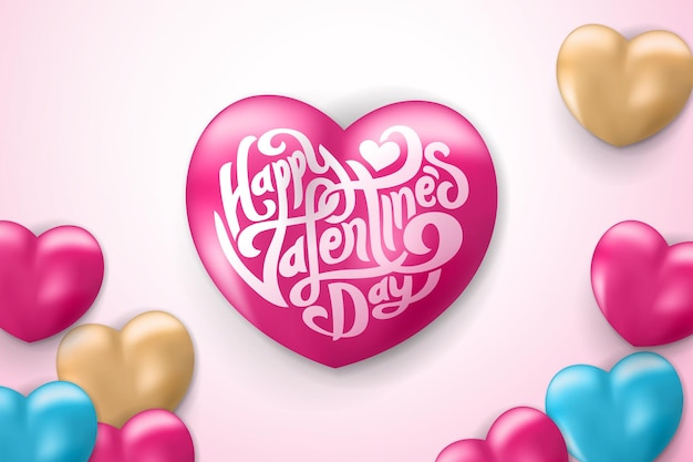 Happy Valentine's Day Typografia Na Balonie Miłości. Kolorowe Balony Miłości Na Różowym Tle.