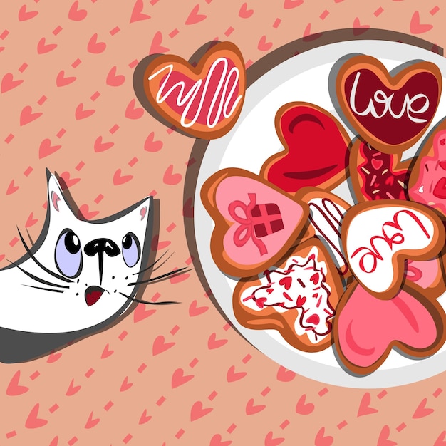 Plik wektorowy happy valentines cat and hearts cookies card romantyczna karta z pozdrowieniami lub plakat walentynki 14 lutego
