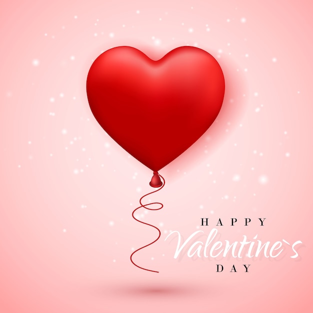 Happy Valentines Day, Czerwony Balon W Formie Serca Ze Wstążką