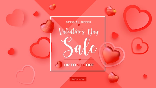 Plik wektorowy happy valentines day sale plakat lub baner z symbolem serca i elementami walentynkowymi na różowym odwrocie