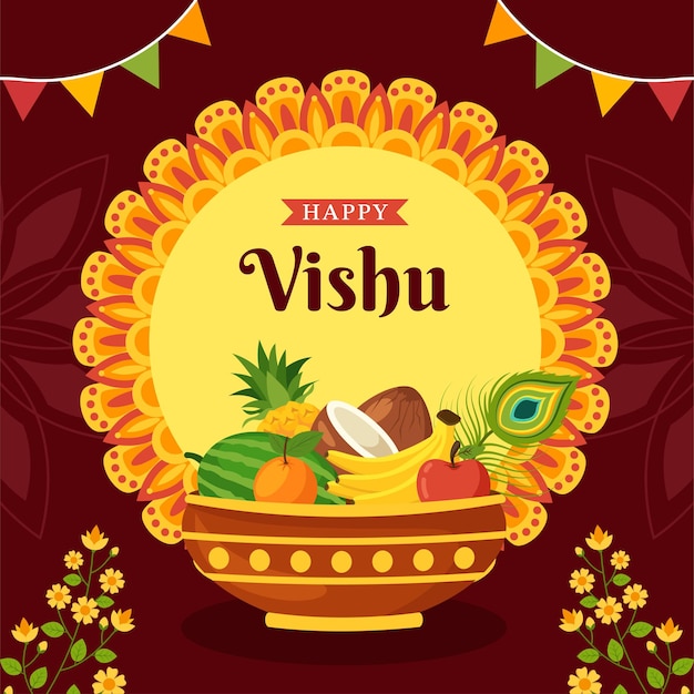 Happy Vishu Festival Social Media Tło Ilustracja Kreskówka Ręcznie Rysowane Szablony