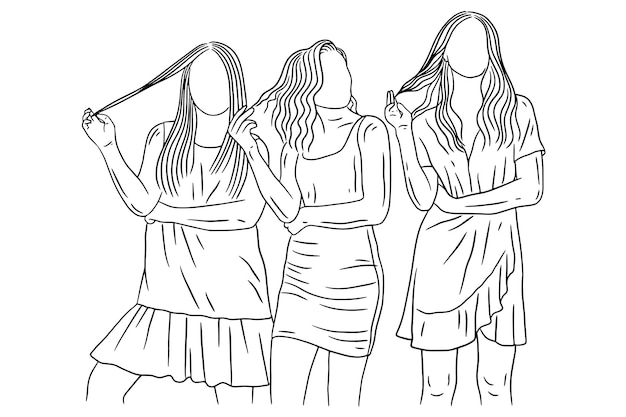 Plik wektorowy happy women group girl best friend miłość linia sztuki ręcznie rysowane stylu ilustracji