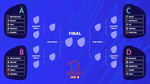 Plik wektorowy harmonogram meczów play-off rugby 203 z flagami narodowymi uczestników międzynarodowego turnieju rugby ilustracja wektorowa