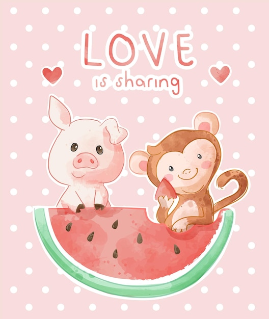 Plik wektorowy hasło miłosne śliczni przyjaciele zwierząt i ilustracja arbuza
