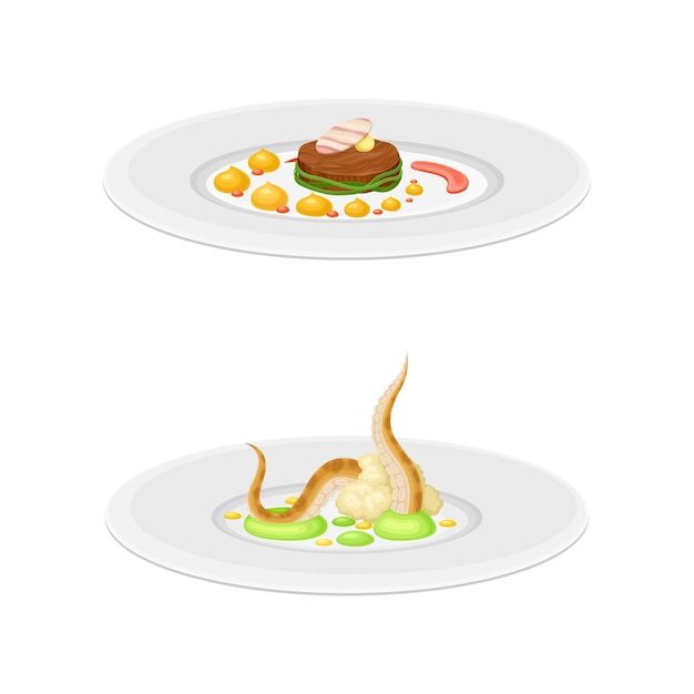 Haute lub Grande Cuisine z skrupulatnym przygotowaniem jedzenia i serwowaniem na talerzu z luksusowym zestawem wektorowym garniturów