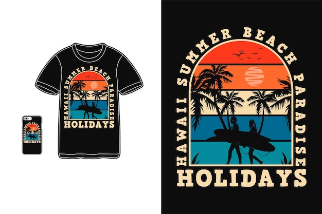 Hawaje Letni Raj T Shirt Design Sylwetka W Stylu Retro