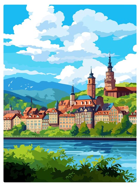 Heidelberg Niemcy Vintage Travel Poster Souvenir Postcard Portret Malarstwo Ilustracja WPA