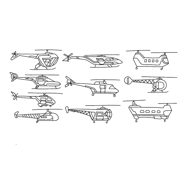 helikopter handrawn doodle wektor zestaw ilustracji