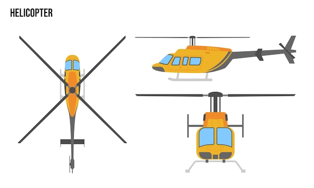 Plik wektorowy helikopter ilustracja konstrukcji płaskiej pojazdy publiczne widok z góry widok boczny widok z przodu izolowany białym tłem