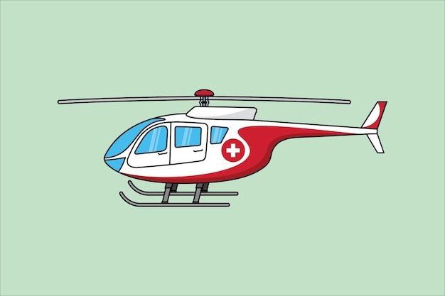 Helikopter Pogotowia. Czerwony Helikopter Ewakuacji Medycznej Na Białym Tle Na Zielonym Tle. Transport Służby Ratownicze I Ratownicze. Ilustracja Wektorowa W Stylu Płaski