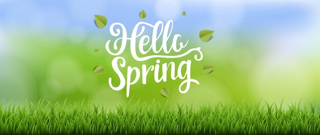 Plik wektorowy hello spring text banner z trawą i bokeh