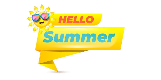 Hello Summer Cartoon Sun Wektor Jasnożółte Tło z Uśmiechniętym Słońcem w okularach przeciwsłonecznych