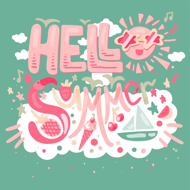 Hello Summer Concept Z Owocami, Lodami, Flamingami, Jachtem I Wektorem Słońca.