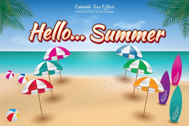 Hello summer ilustracja tła wektorowa i edytowalne efekty tekstowe typografia styl graficzny