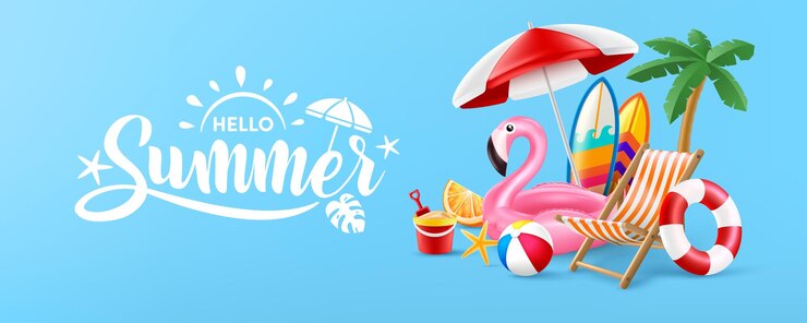 Wektor hello summer plakat lub szablon transparentu z pink flamingo pool float beach