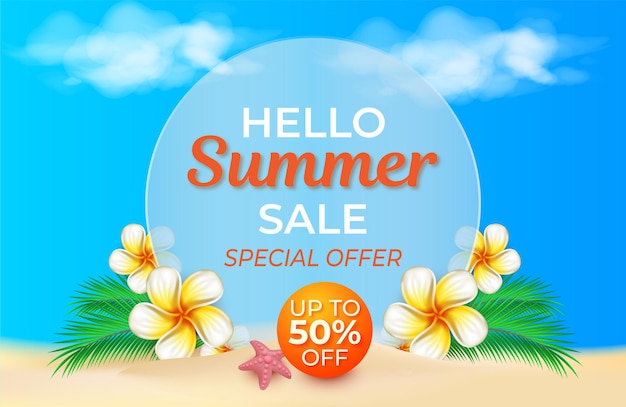 Hello Summer Sale Nadruk Z Niebieskim Tłem Nieba I Kwiatami Wokół