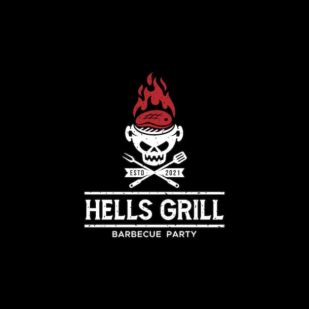 Hells Grill Czaszka Grill Party Vintage Logo Wektor Premium