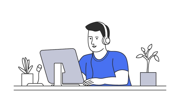 Helpdesk system Męski avatar zespołu obsługi klienta Line art design Vector illustration