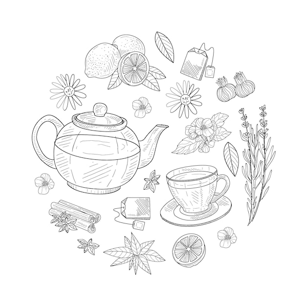 Plik wektorowy herbal tea elements of round shape cafe or restaurant menu tea shop hand drawn vector illustration