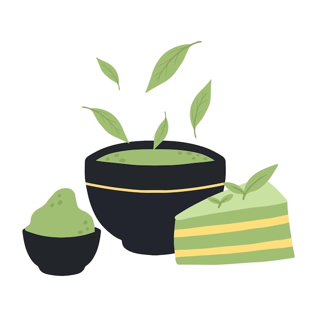 Plik wektorowy herbata matcha kubek z matchą i liśćmi zielonej herbaty ilustracja wektorowa naturalna zielona herbata