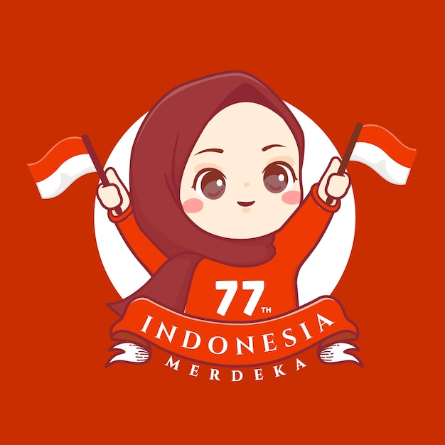 Hidżab Dziewczyna świętuje Indonezja 77. Dzień Niepodległości Lub Dirgahayu Kemerdekaan Indonezja Ke 77