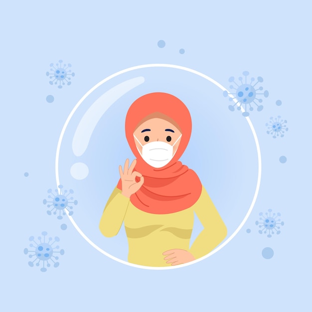 Hidżab Kobieta Pokazuje Gest Dłoni Chroniony Przed Wirusem Koronowym Koncepcja Szczepień Płaska Konstrukcja Wektora