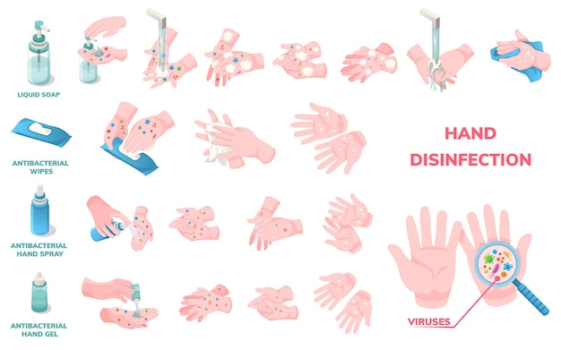 Higiena I Dezynfekcja Mycia Rąk, Wektorowe Ikony Infographic. Procedura Mycia Rąk W Celu Ochrony Przed Koronawirusem, Antybakteryjne Mydło W Płynie, Chusteczki Nasączone Alkoholem I żel Odkażający Do Dezynfekcji Wirusów