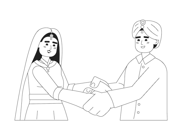 Hinduistyczna Para ślubna Trzymająca Się Za Ręce Monochromatyczne Płaskie Znaki Wektorowe