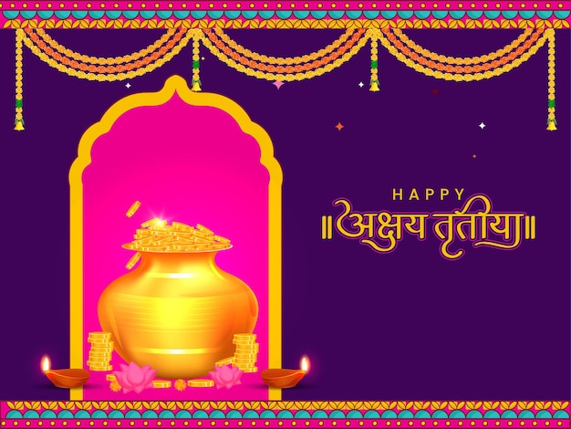 Plik wektorowy hinduski festiwal akshaya tritiya koncepcja z hindi tekstem pisanym akshaya tritiya życzy ze złotym kalaszem z pełnymi złotych monet i ozdób do modlitwy