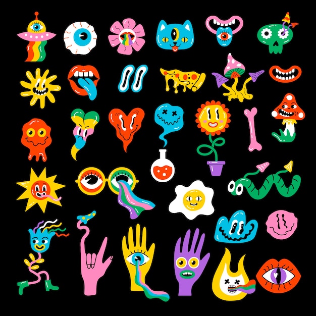 Hipisowskie Naklejki Neonowe Psychodeliczne śmieszne Odznaki Szczęśliwe Elementy Halucynacji Twarze Emoji Grzyby Najnowsze Zdjęcia Wektorowe Zestaw Psychodelicznych Naklejek Modna Neonowa Ilustracja